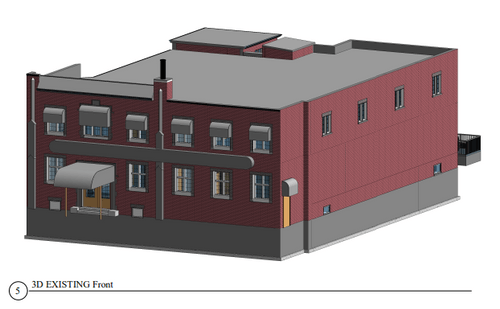 AutoCad drawings of an existing floor plan, two 3D model elevations of the front and rear view of a residential home with supporting data charts.