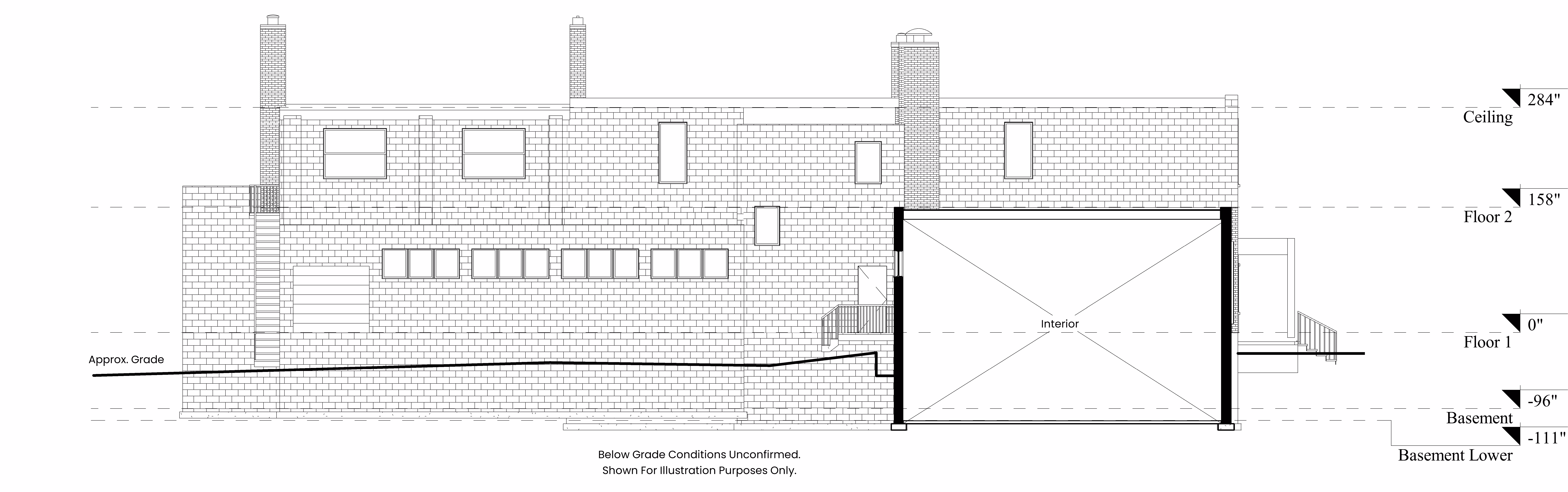 Architectural elevation drawing of a two-story building with basement and chimney structures, showing floor levels, ceiling height, and approximate grade.