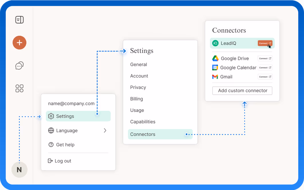 Navigating Claude profile settings to access Custom Connector.