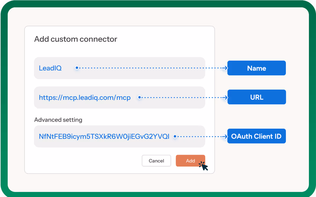 Step showing how to add a LeadIQ connector in Claude.