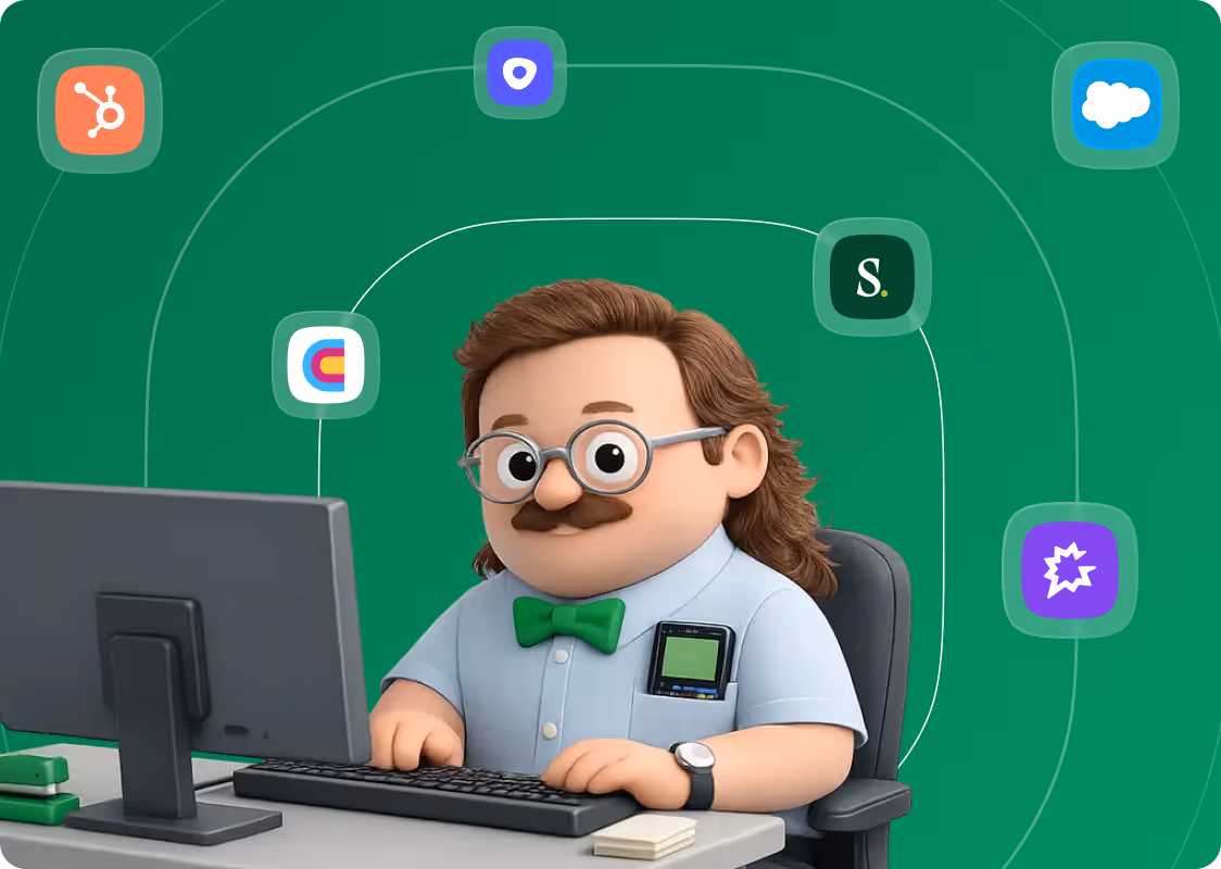 Lando typing at a computer desk with various app icons floating behind him on a green background.