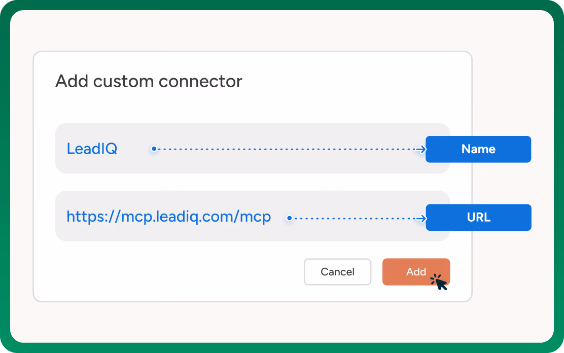 Form titled Add custom connector with fields for Name ‘LeadIQ’ and URL with button Add clicked.