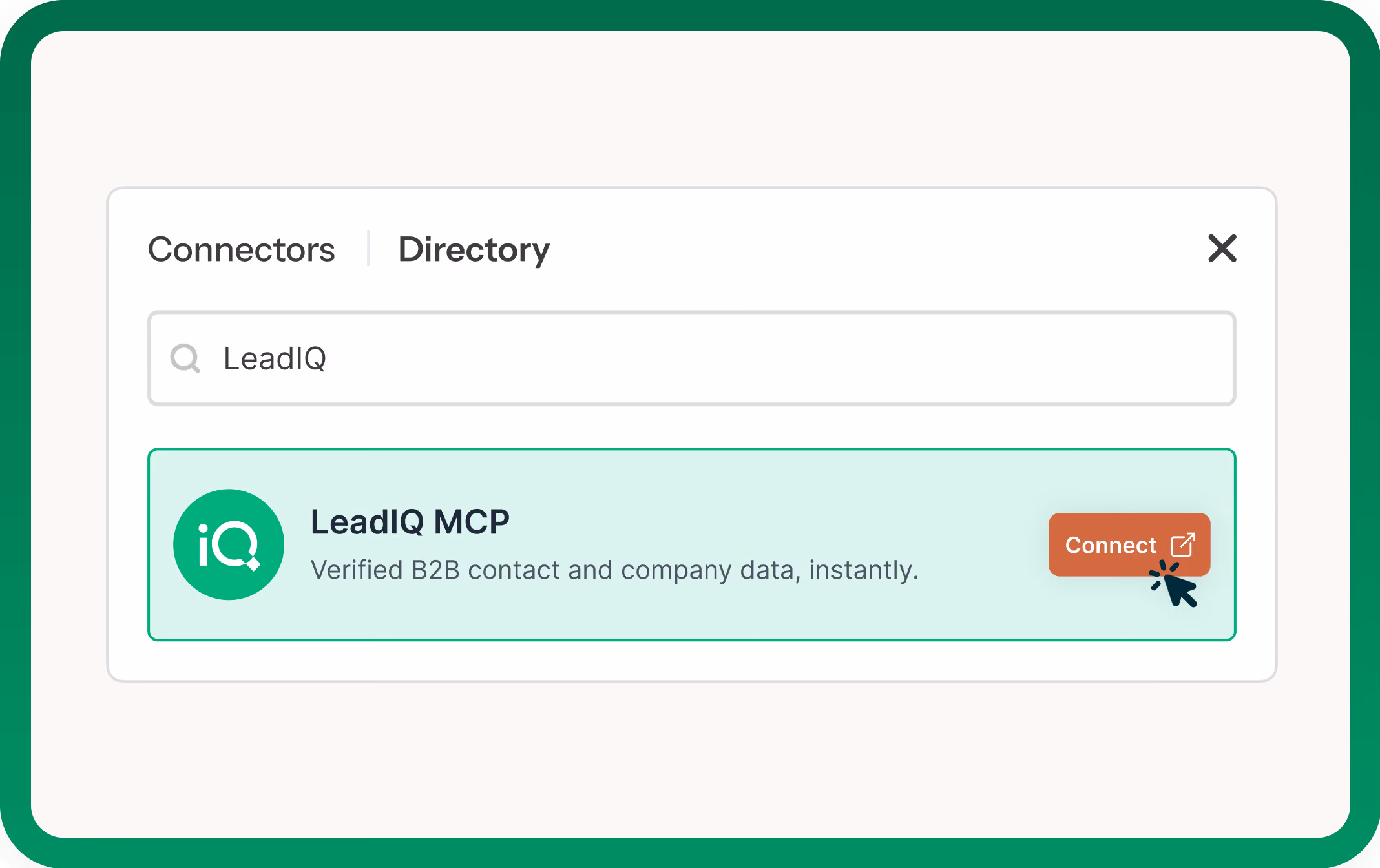 User interface showing LeadIQ MCP connector with text and a red Connect button being clicked.