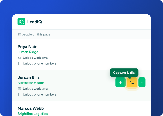 G2 Fall 2024 Leader badge showing LeadIQ delivers ROI in 6 months with 76% user adoption.