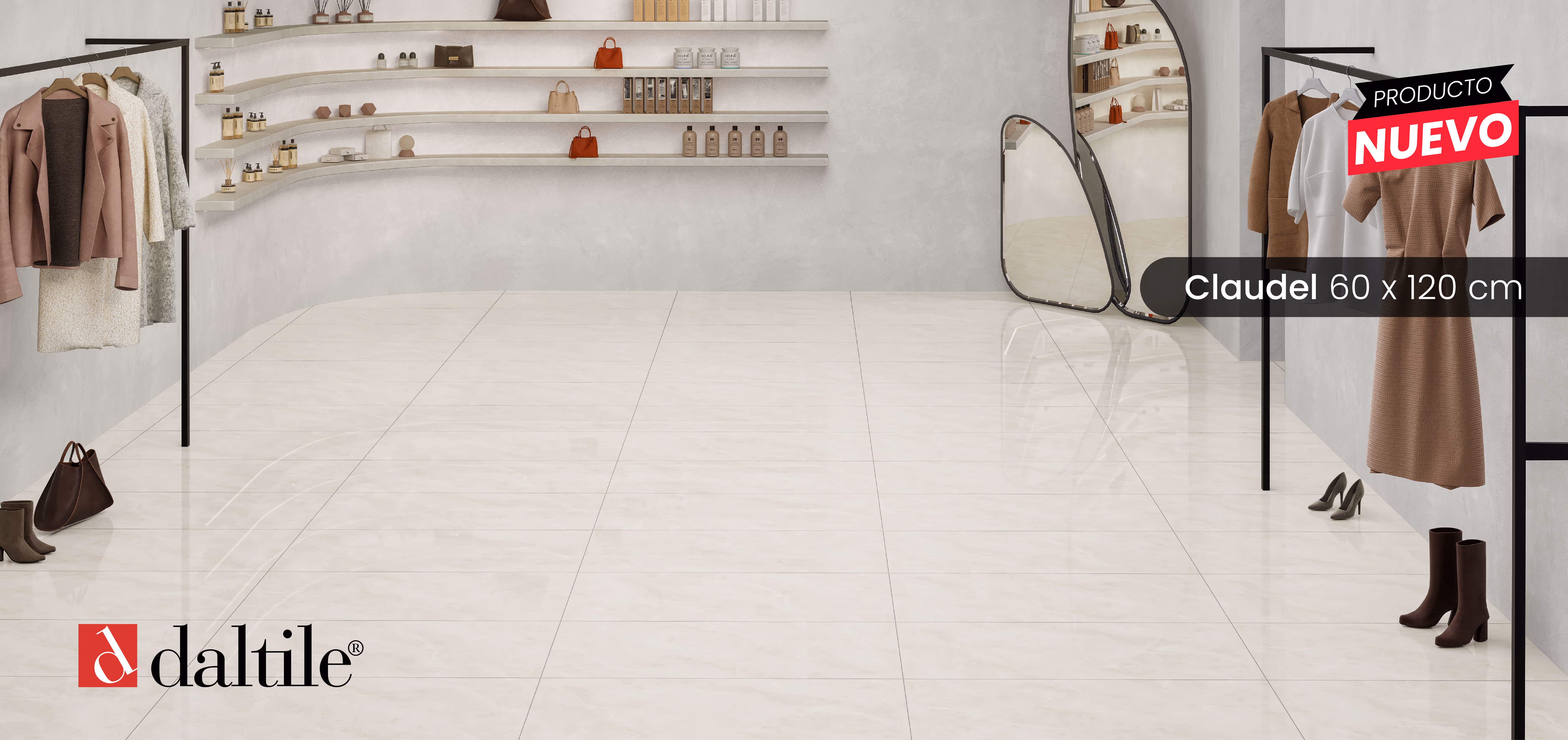 Modern retail space with light cream glossy floor tiles, clothing racks with neutral-colored garments, shelves with beauty products, large mirrors, and fashion accessories.