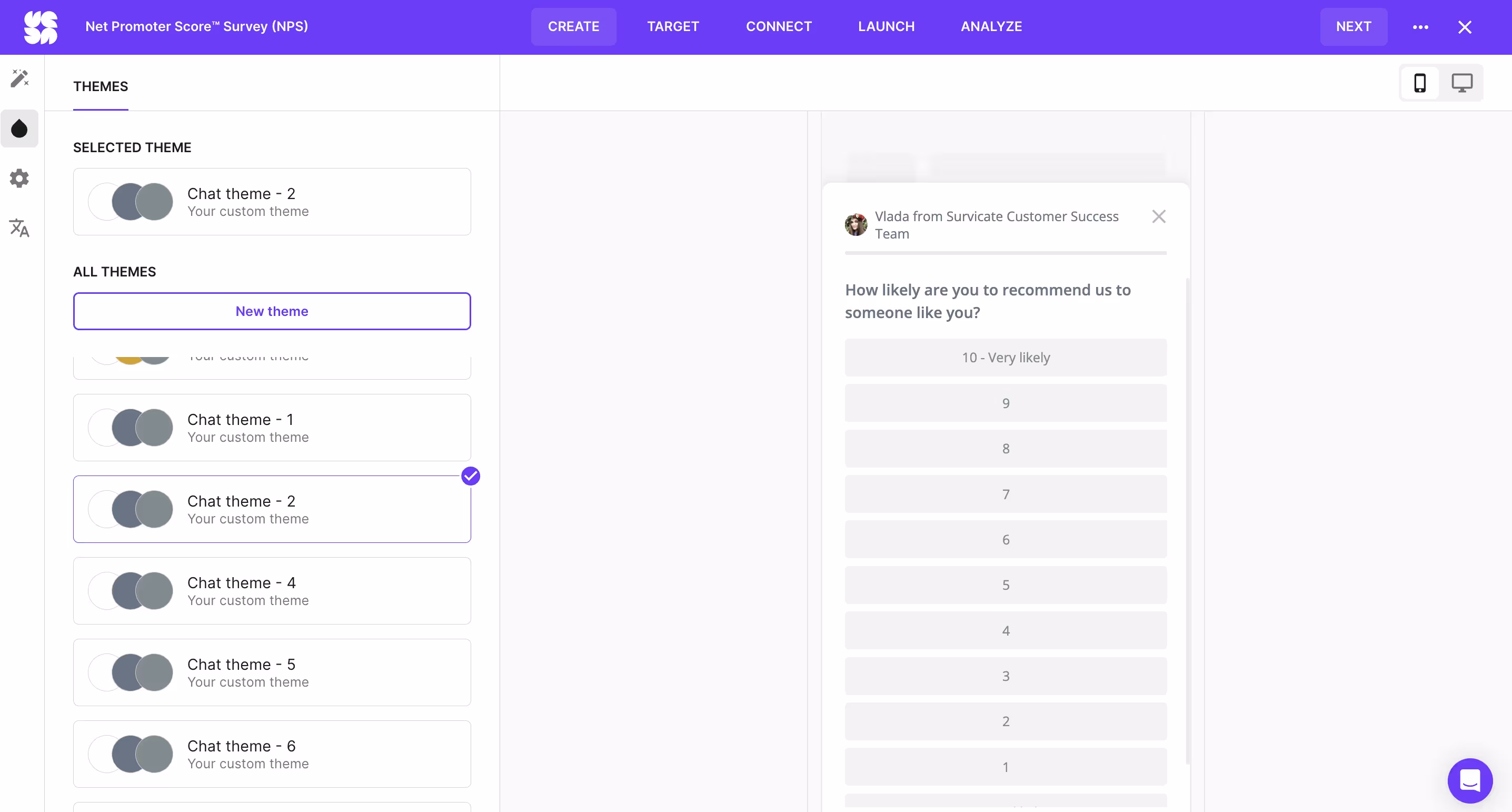 Creating on-brand experience of an NPS survey in Survicate panel