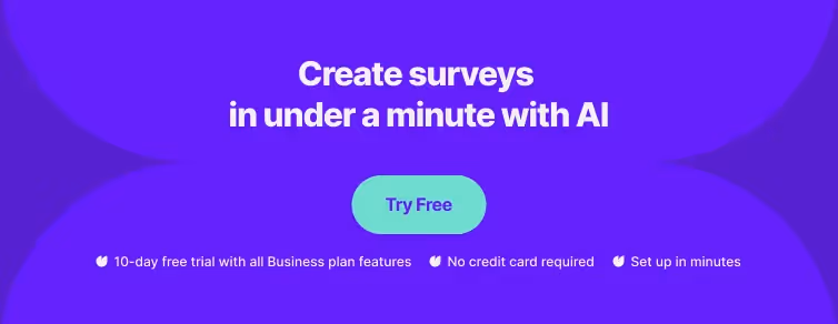A banner hat promotes creating surveys with Survicate's AI survey tool