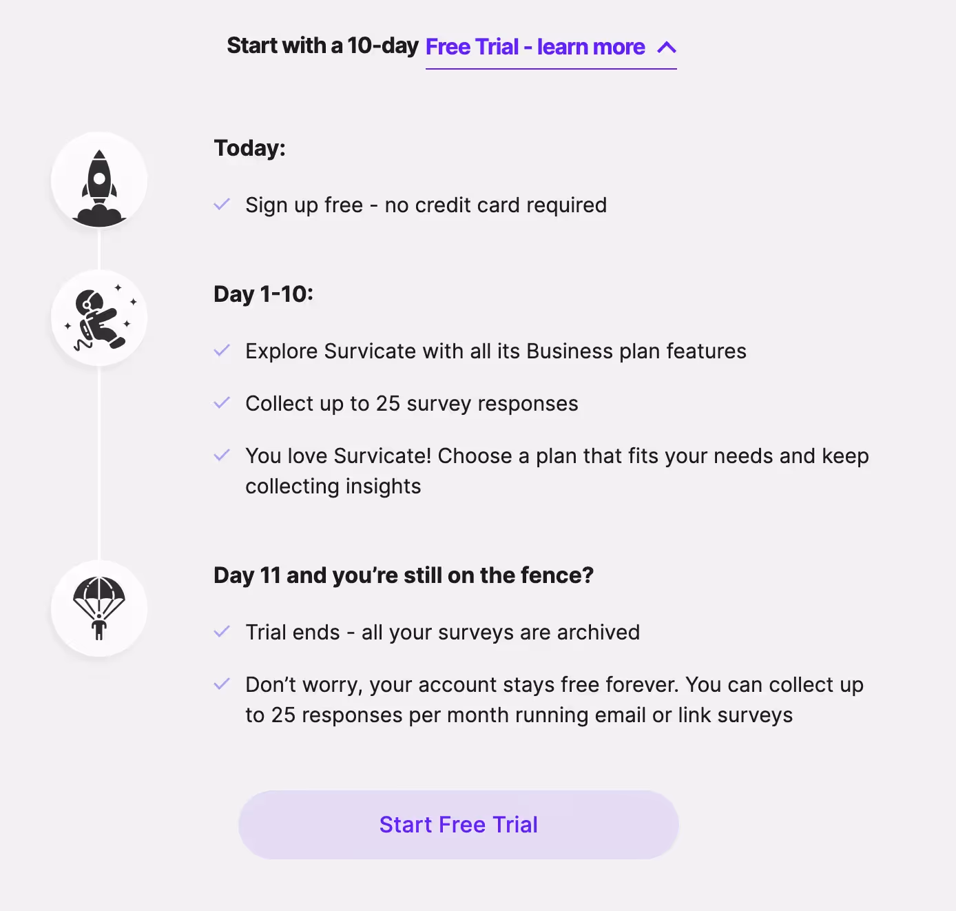 A screenshot from Survicate's pricing presenting the reverse trial model