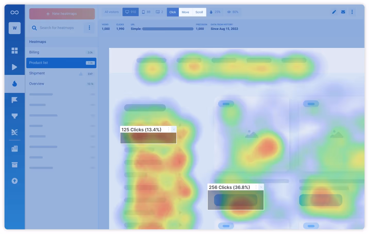 Smartlook, a website visitor tracking tool, presenting a heatmap