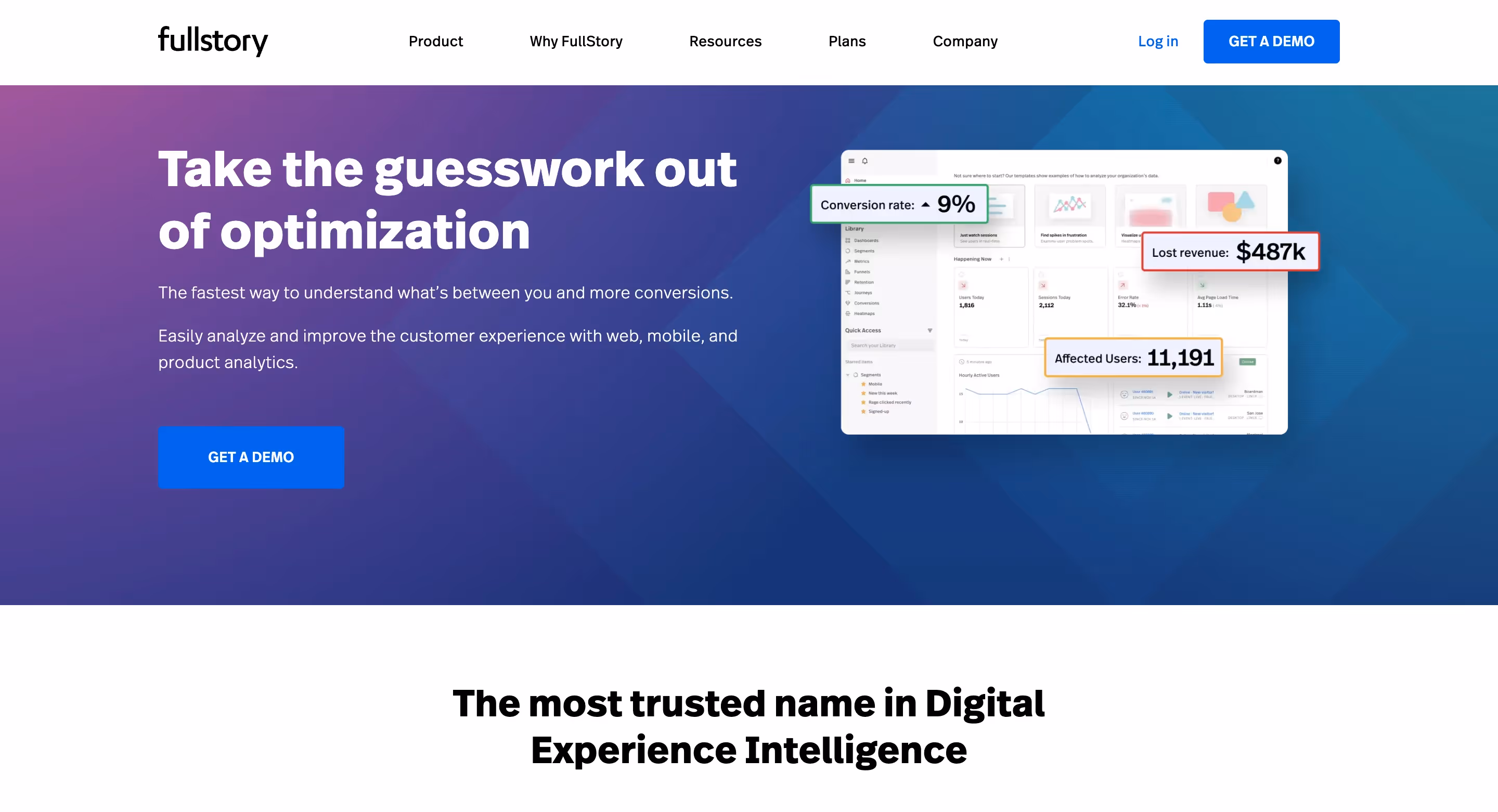 Website screenshot of mobile app analytics software for data collection: FullStory