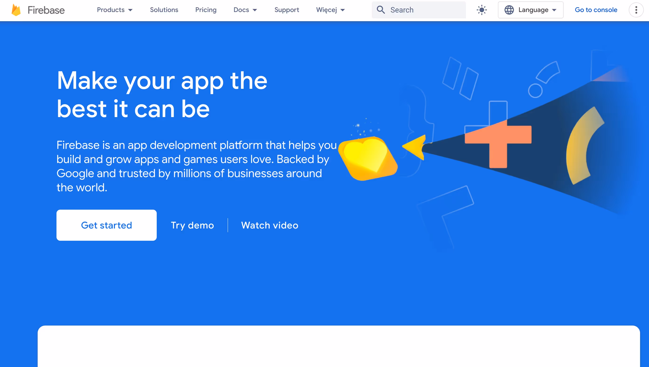 Website screenshot of mobile app analytics software: Firebase