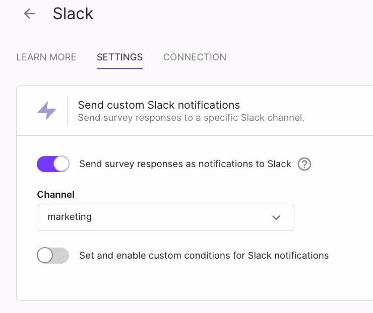 Sending survey responses as Slack notifications thanks to the Survcate and Slack integration that allows you to act on the feedback quickly.
