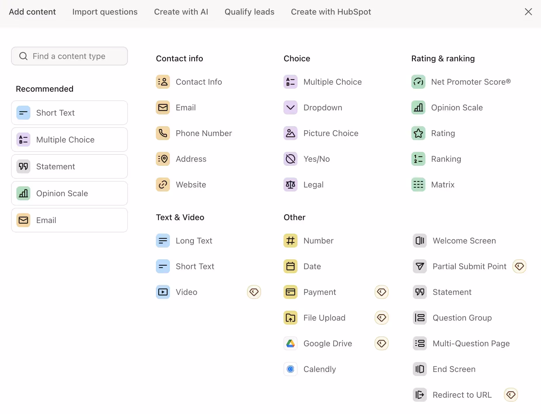 Different question types we can add in Typeform, from contact info to a picture choice.