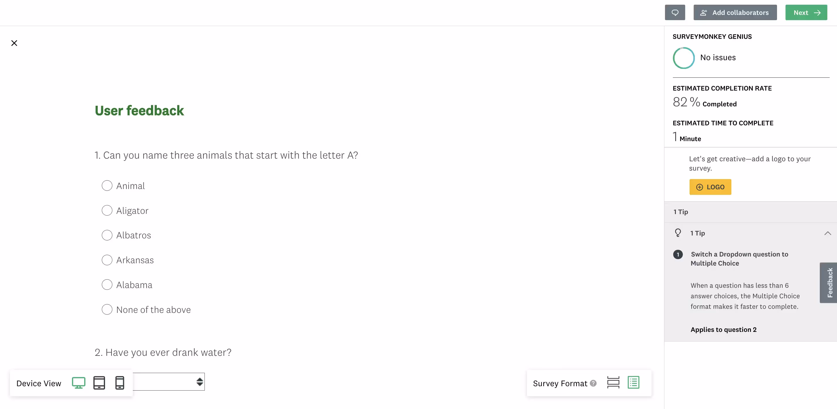 SurveyMonkey's tips for improving surveys when viewing the survey preview.