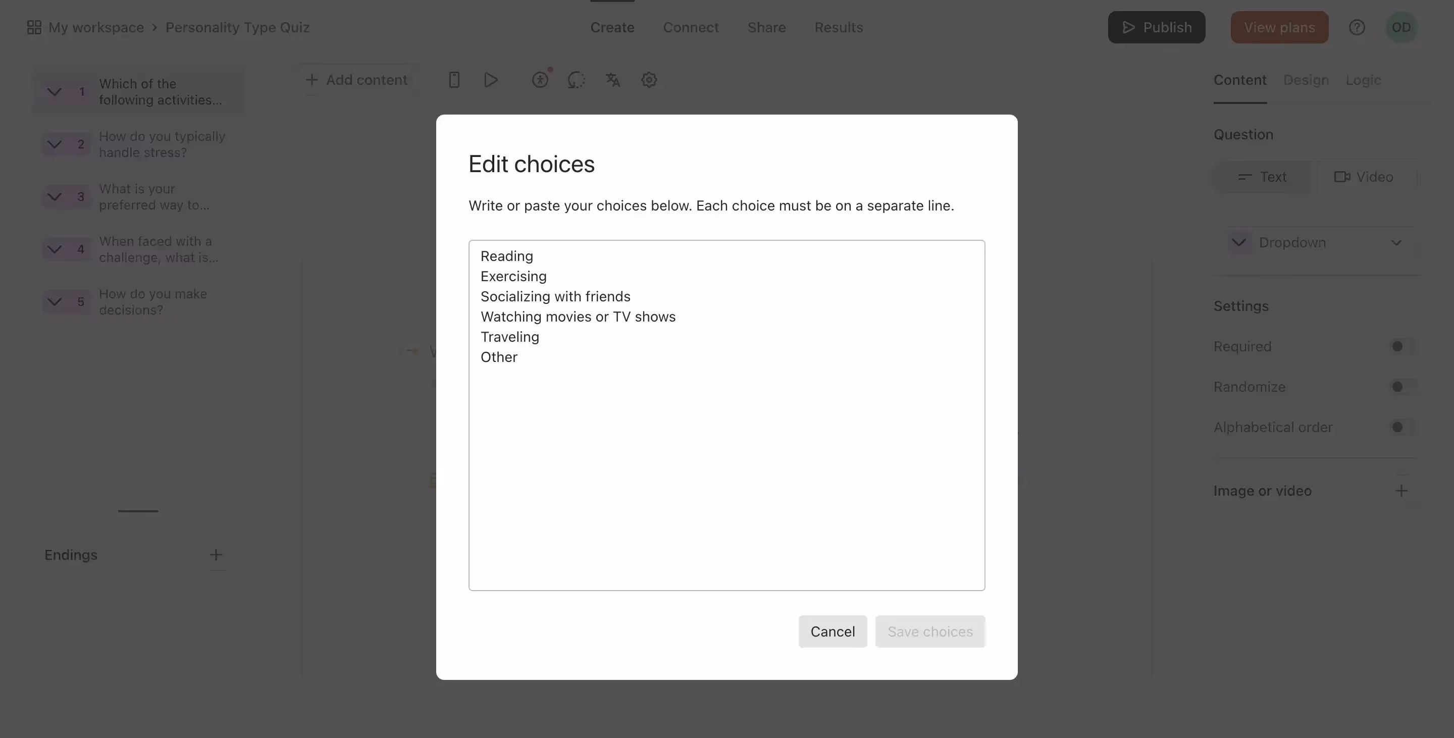 Hidden choices when adding a multi-select question in Typeform.