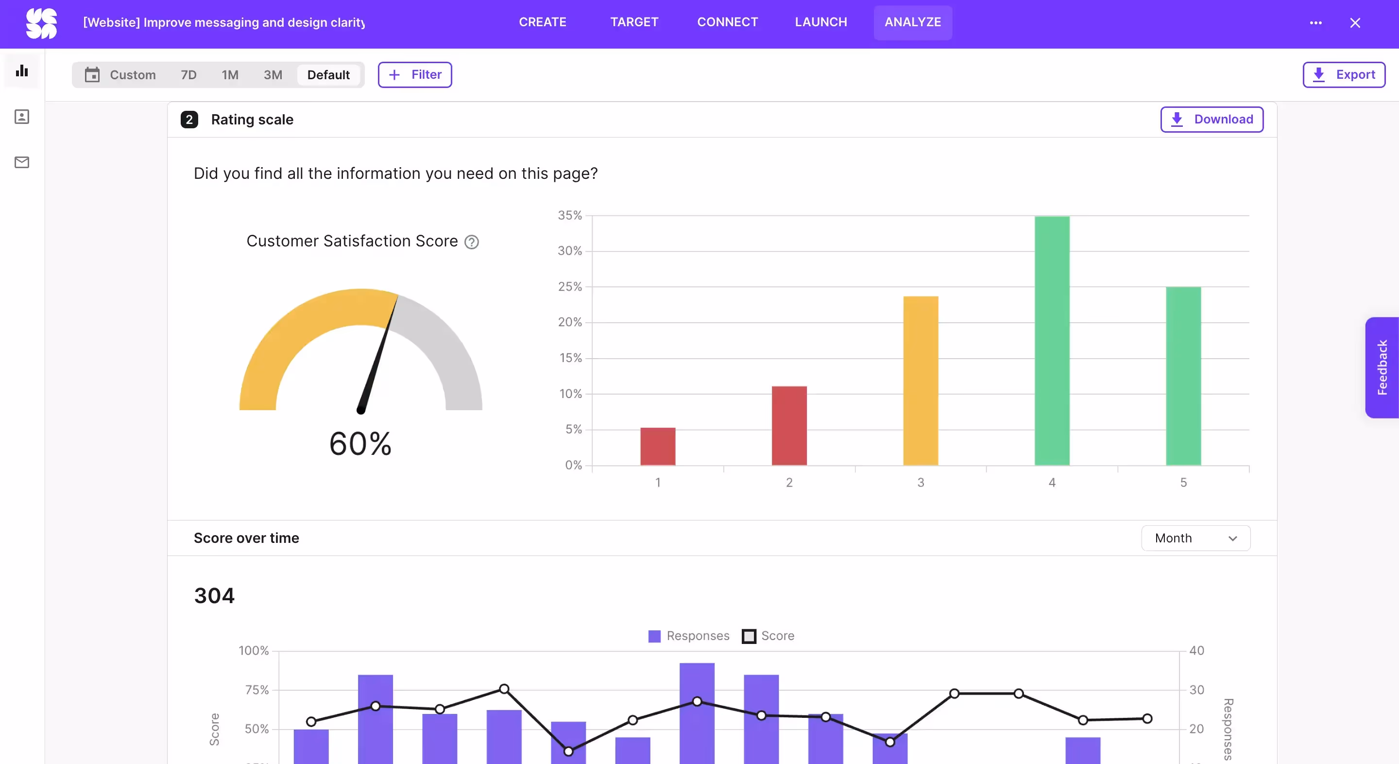 Example data analysis in Survicate showing the Customer Satisfaction Score and a bar chart.
