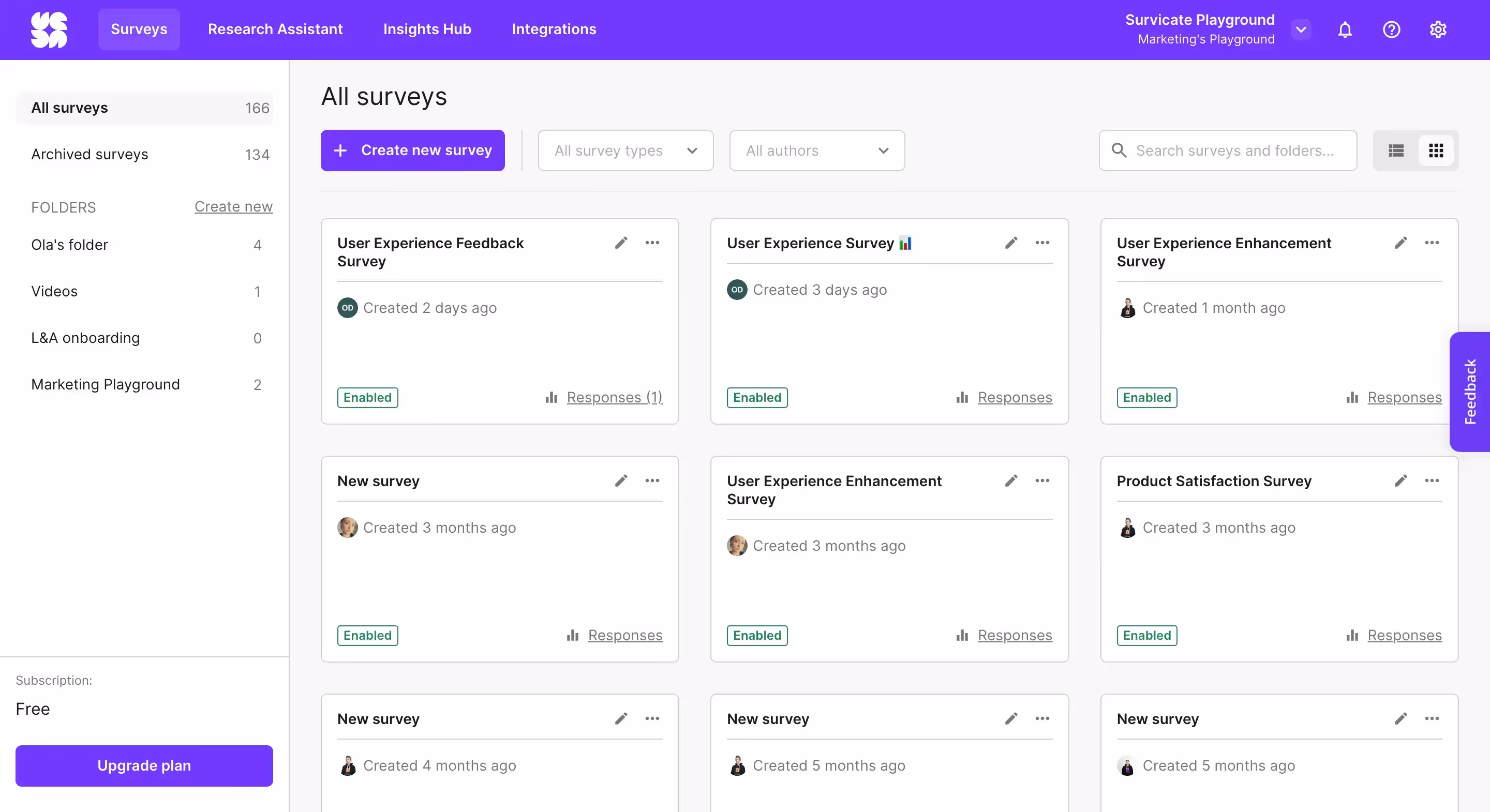 Survicate's dashboard showing all created surveys, the number of responses, and more.