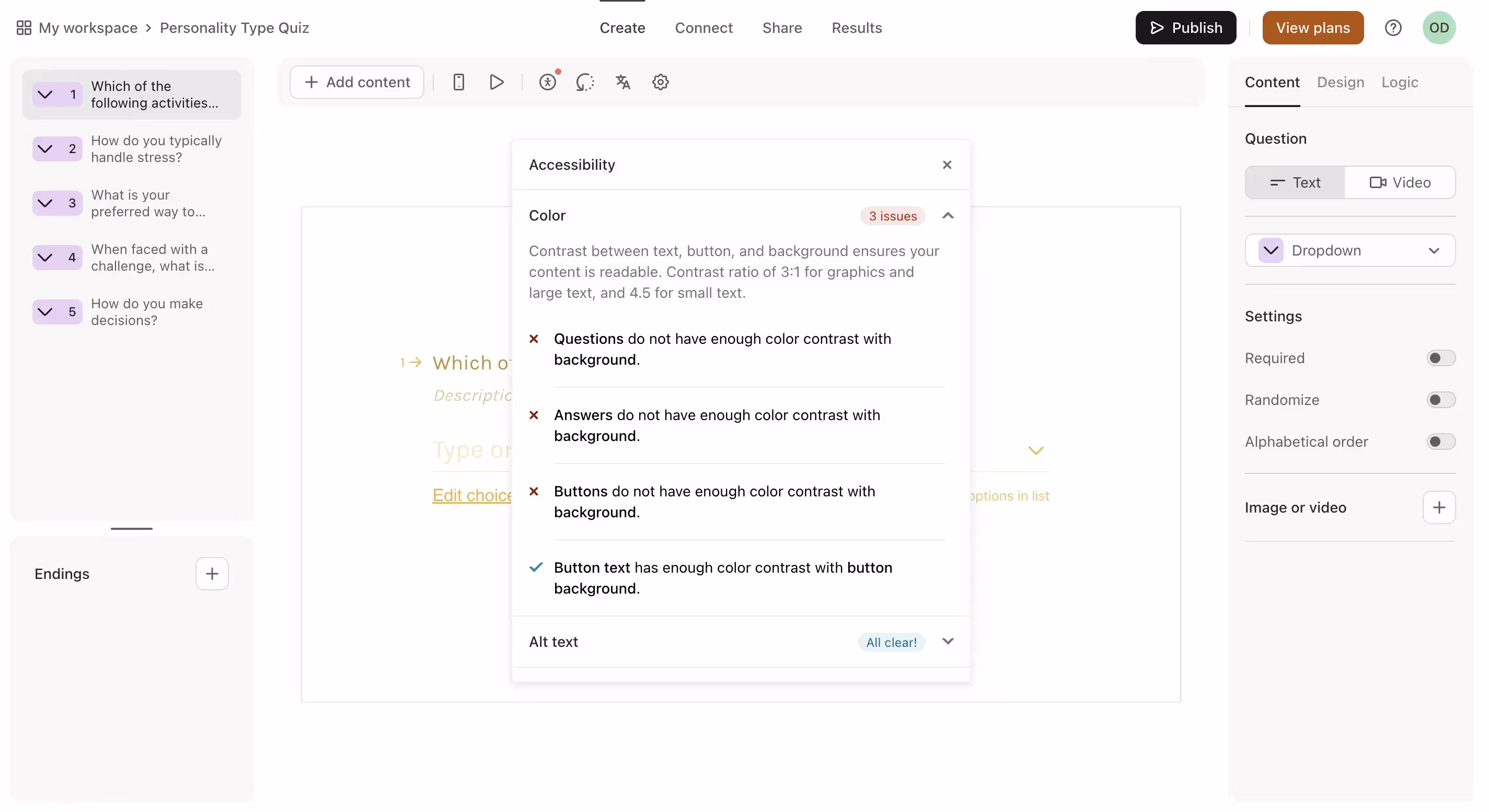The accessibility feature available in Typeform checks whether the surveys you create are accessible to all, including whether or not they have alt text.