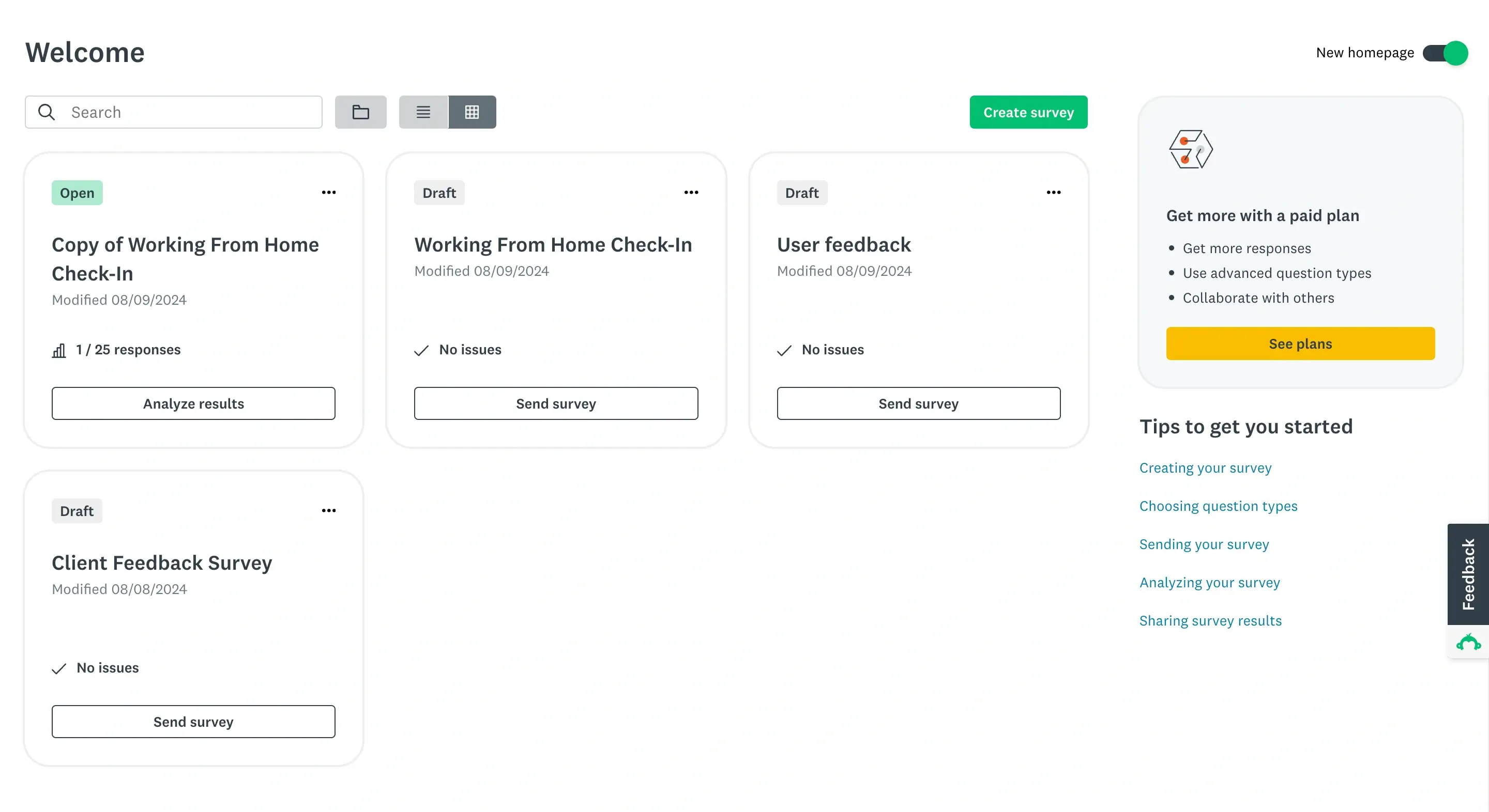 SurveyMonkey's main dashboard with all the surveys we created.