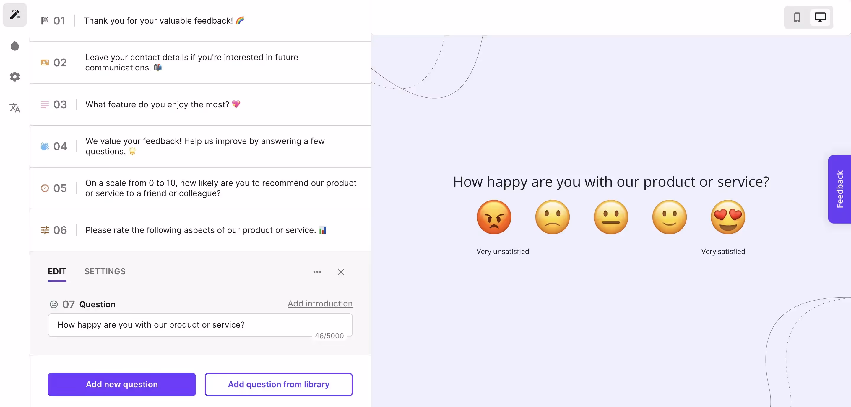 Creating a new survey in Survicate - example survey questions.