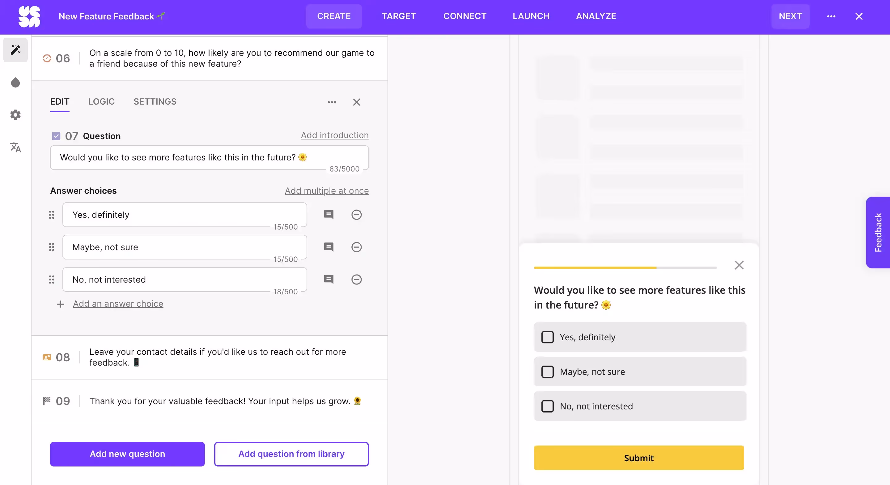 Example survey created with an AI survey builder in Survicate.
