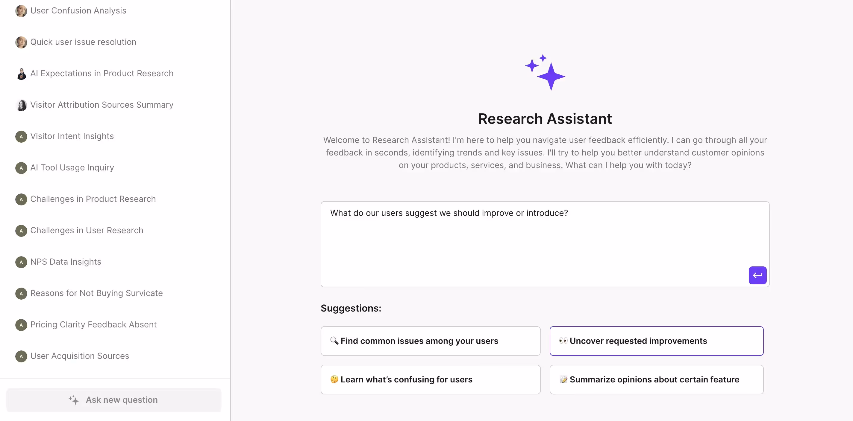 Analyzing customer feedback with Survicate's AI feature called Research Assistant.