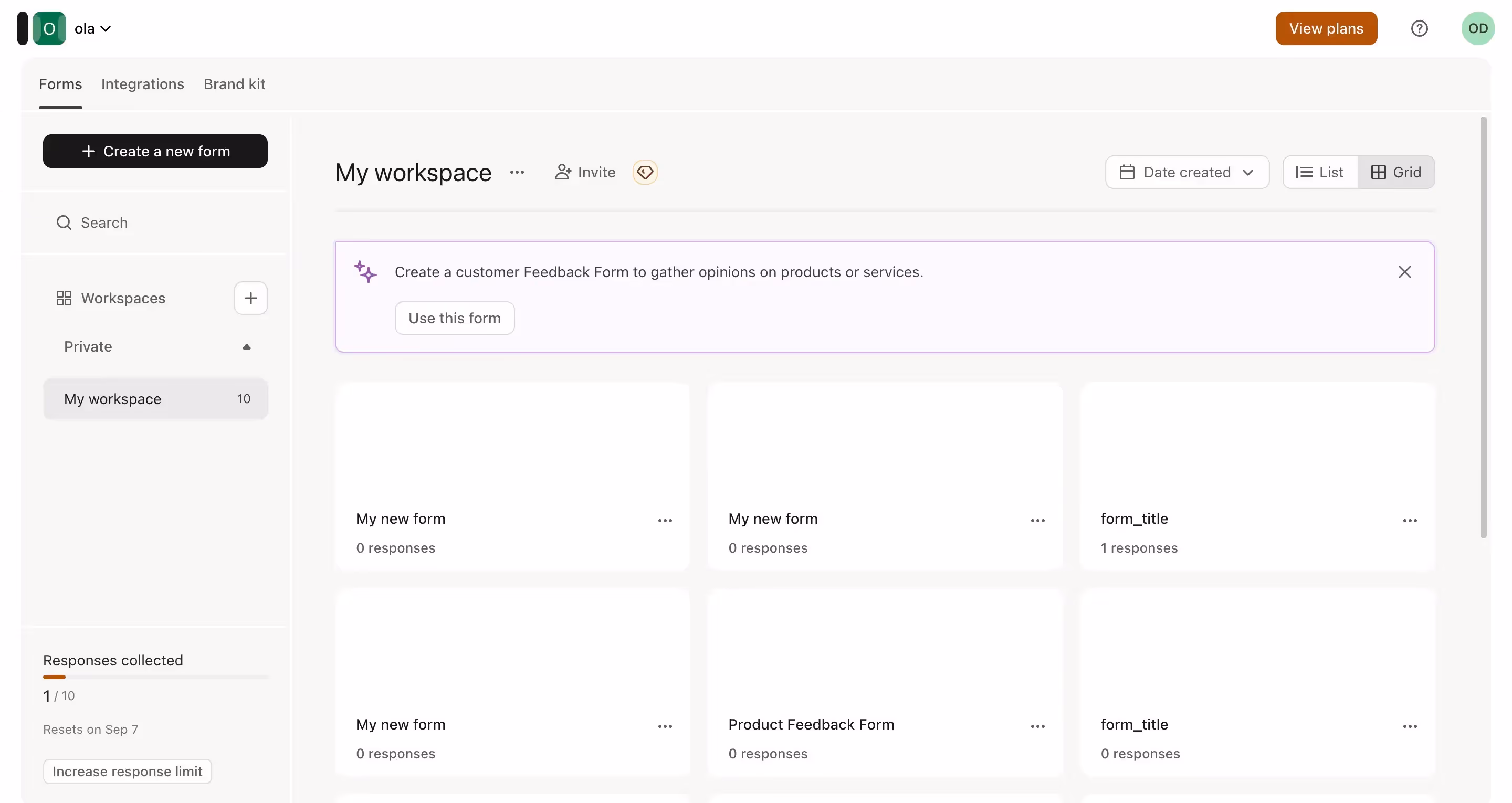 Typeform vs SurveyMonkey: Typeform's main dashboard