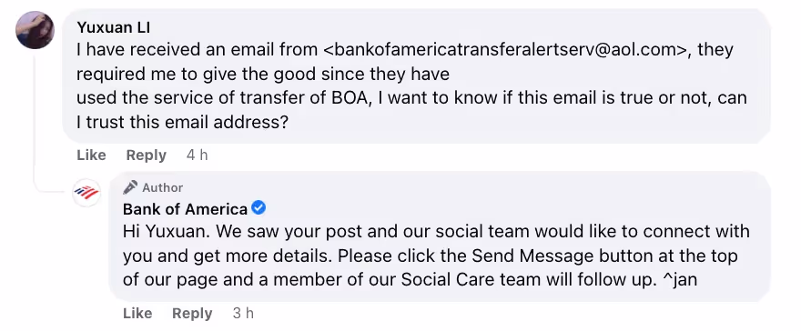 Thank you for your feedback example - Bank of america