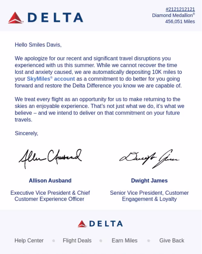 Thank you for your feedback example - Delta airlines