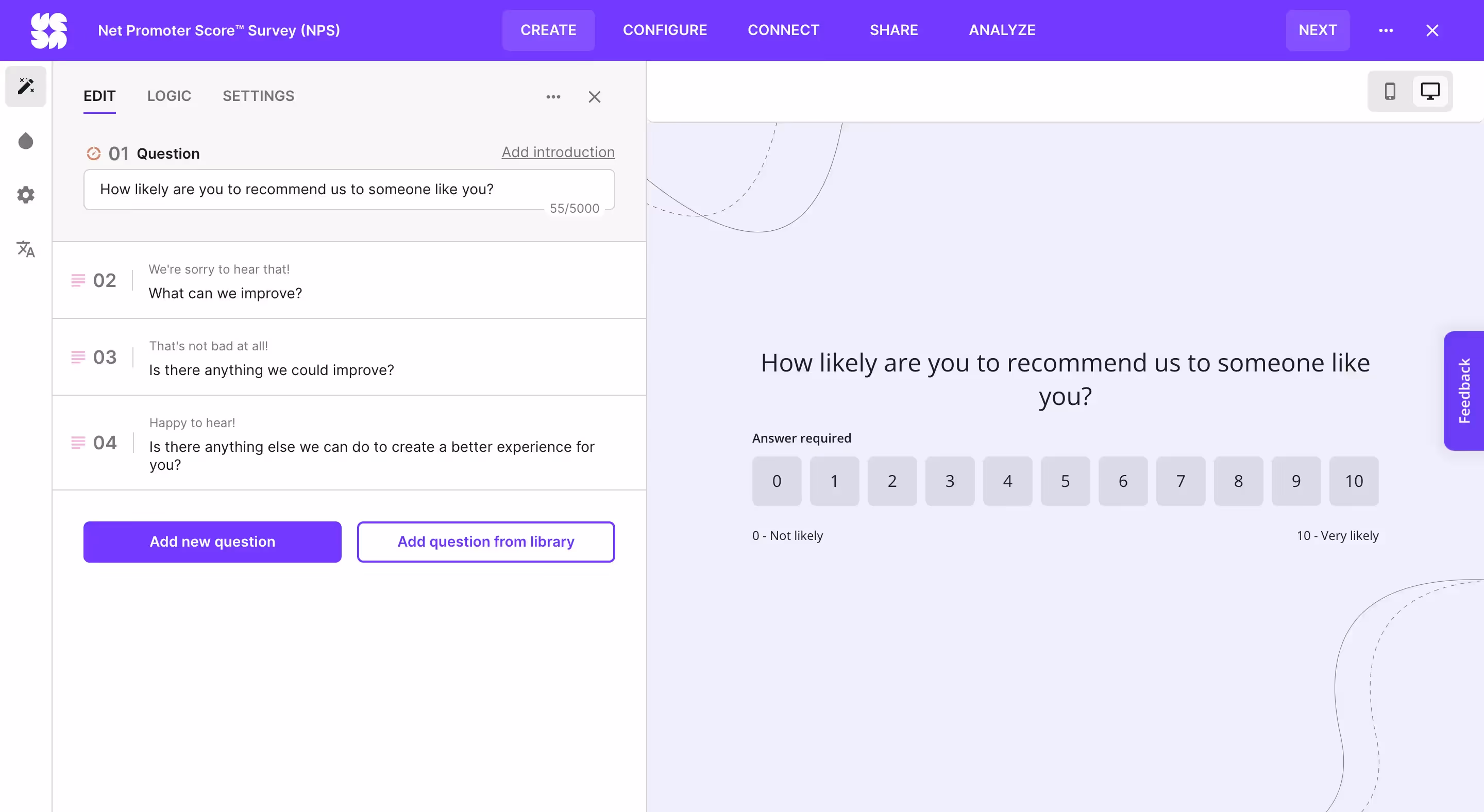 Example NPS survey in Survicate - a survey tool integrating with Salesforce to connect customer insights and sales data.