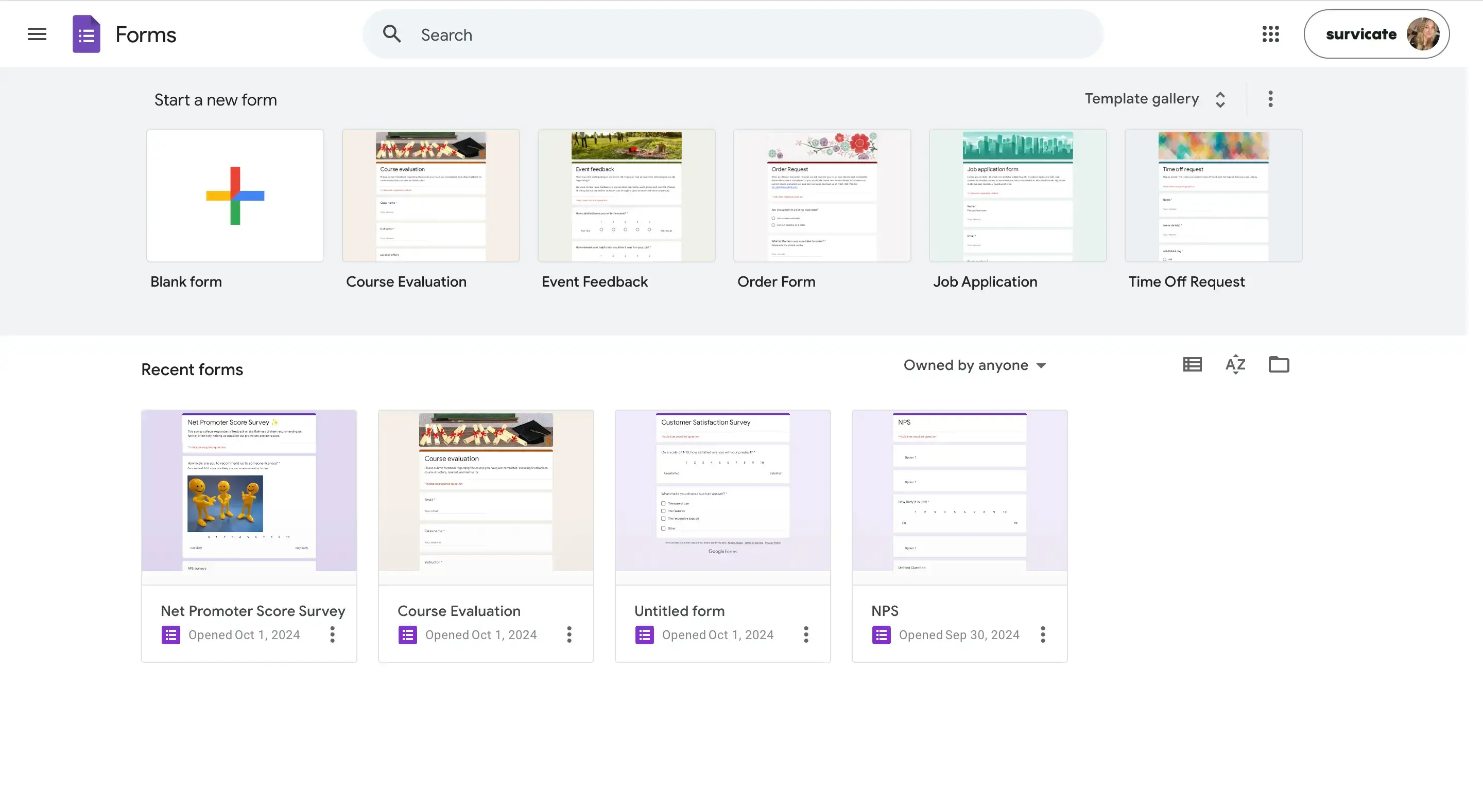 Google Forms - main view with all the surveys we've created + template gallery.