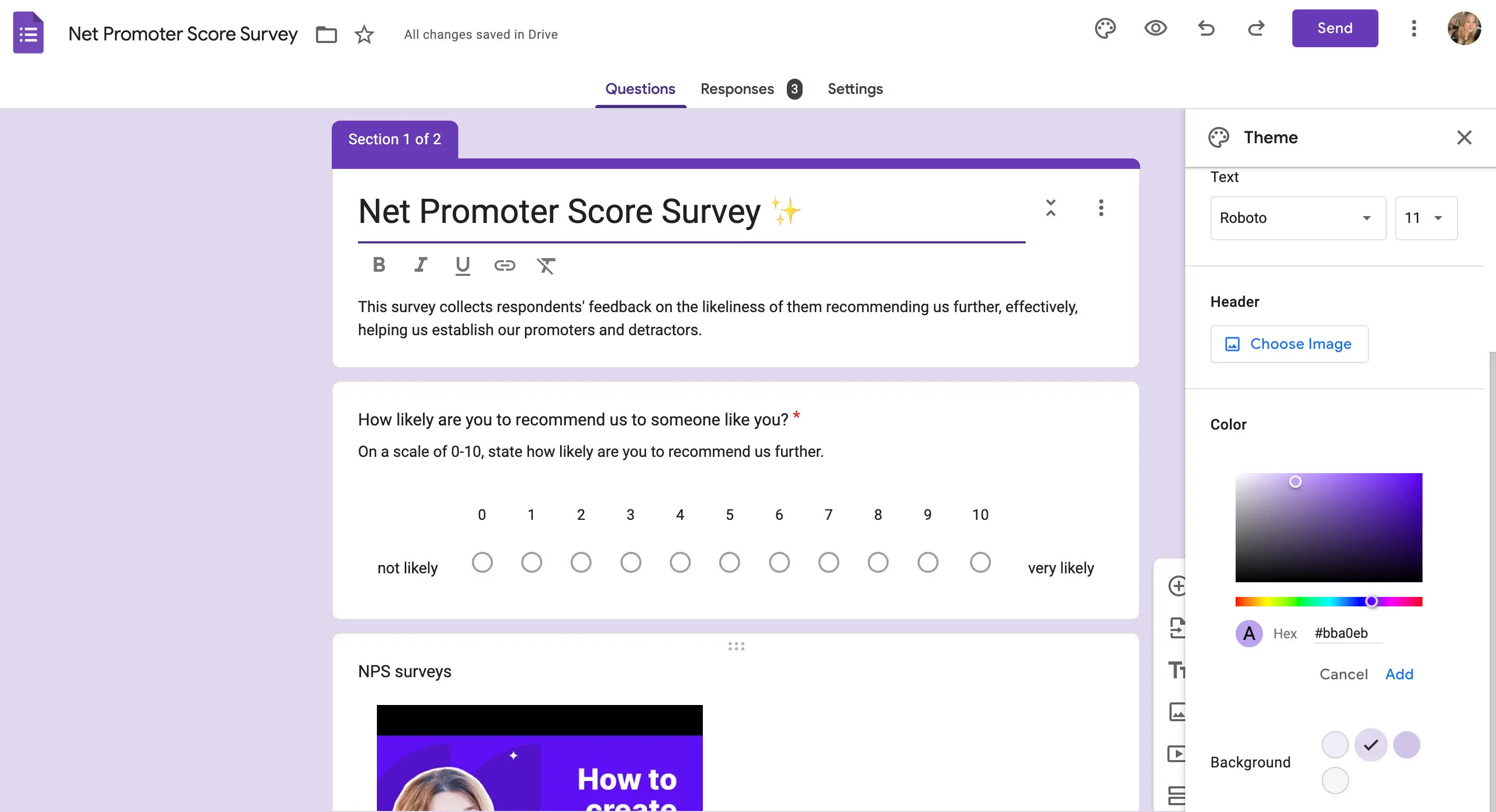 SurveyMonkey vs Google Forms - setting a custom color of our form in Google Forms.