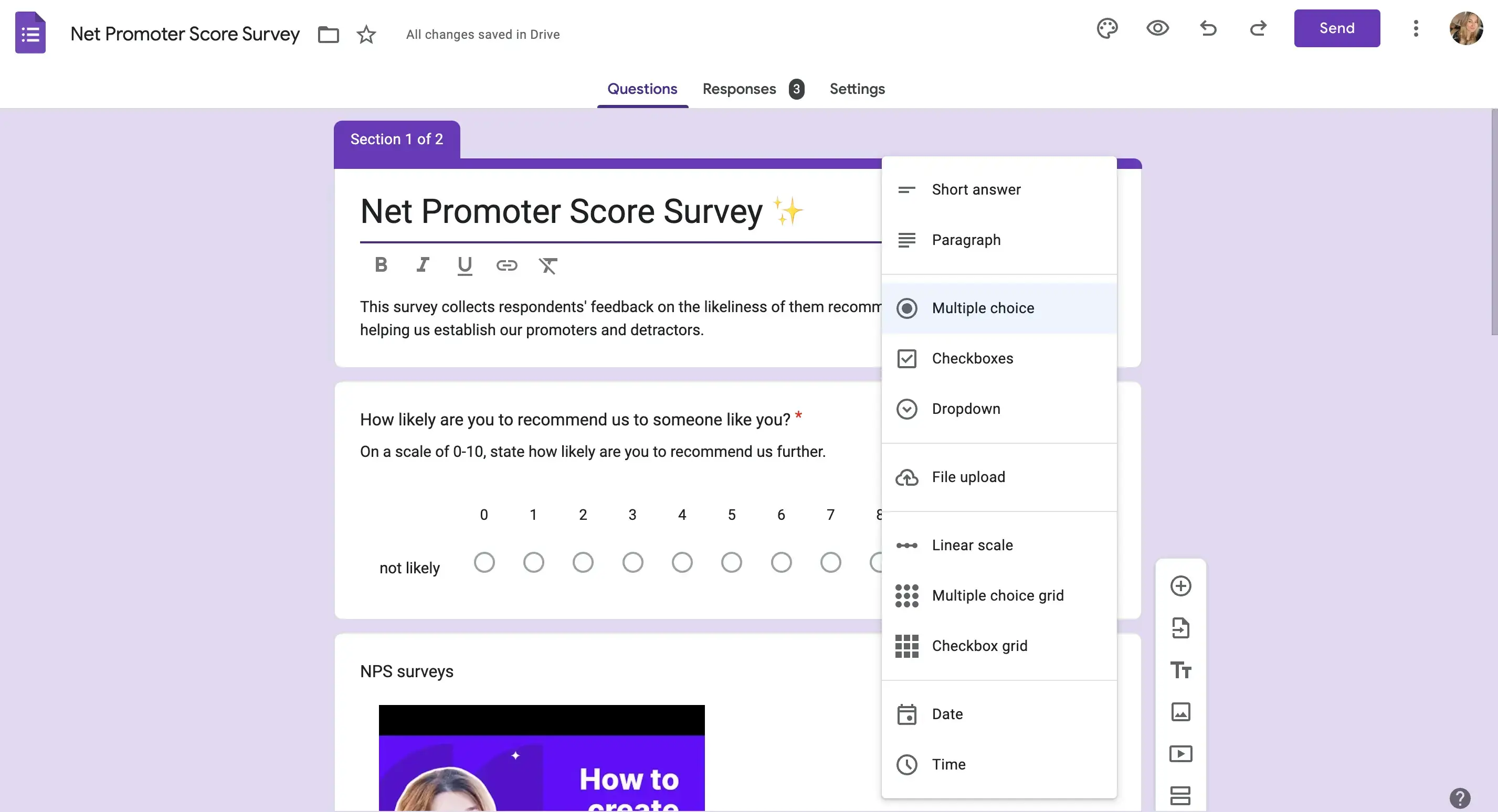 Building a survey in Google Forms.