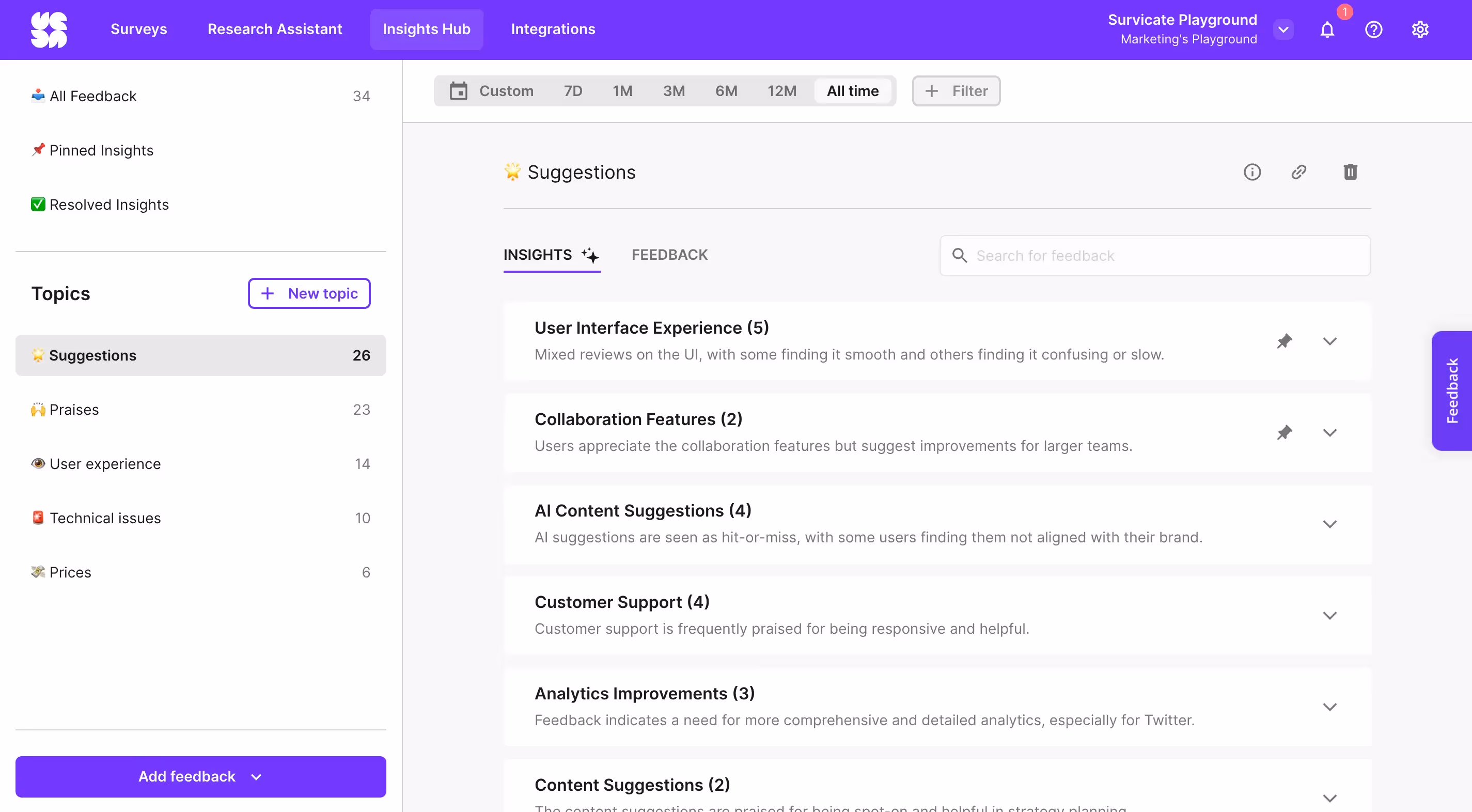 AI feedback analysis in Survicate's Insights Hub.