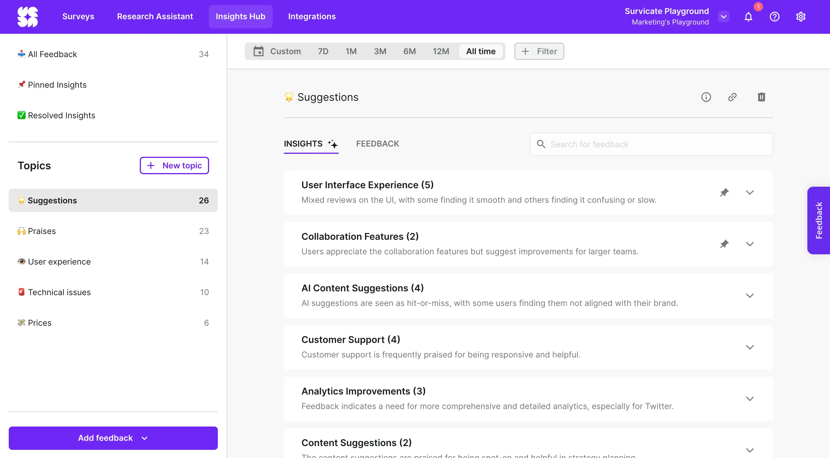 AI feedback analysis in Survicate's Insights Hub.