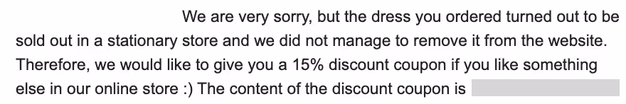 email with coupon code as an apology for missing item