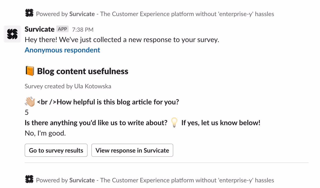 Survicate and Slack integration survey response notifications