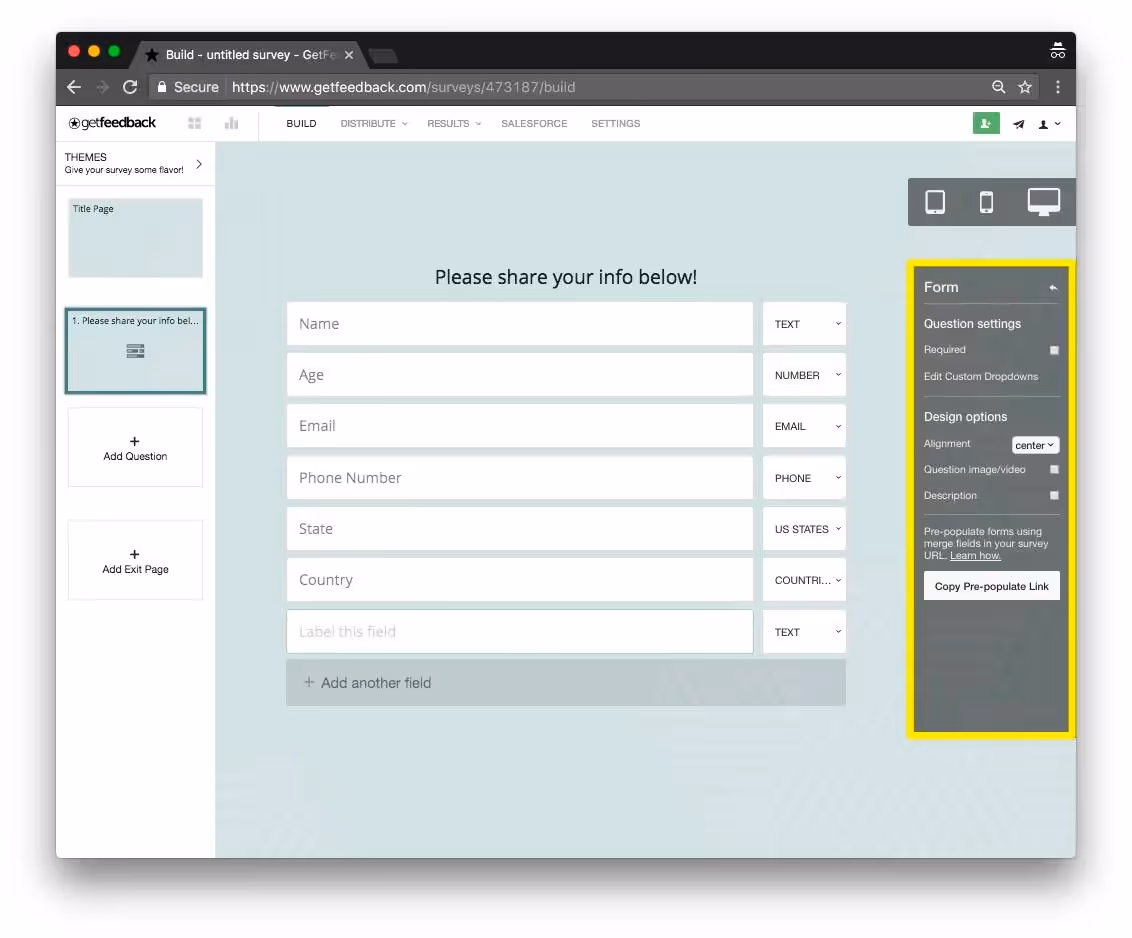 Example survey build with GetFeedback