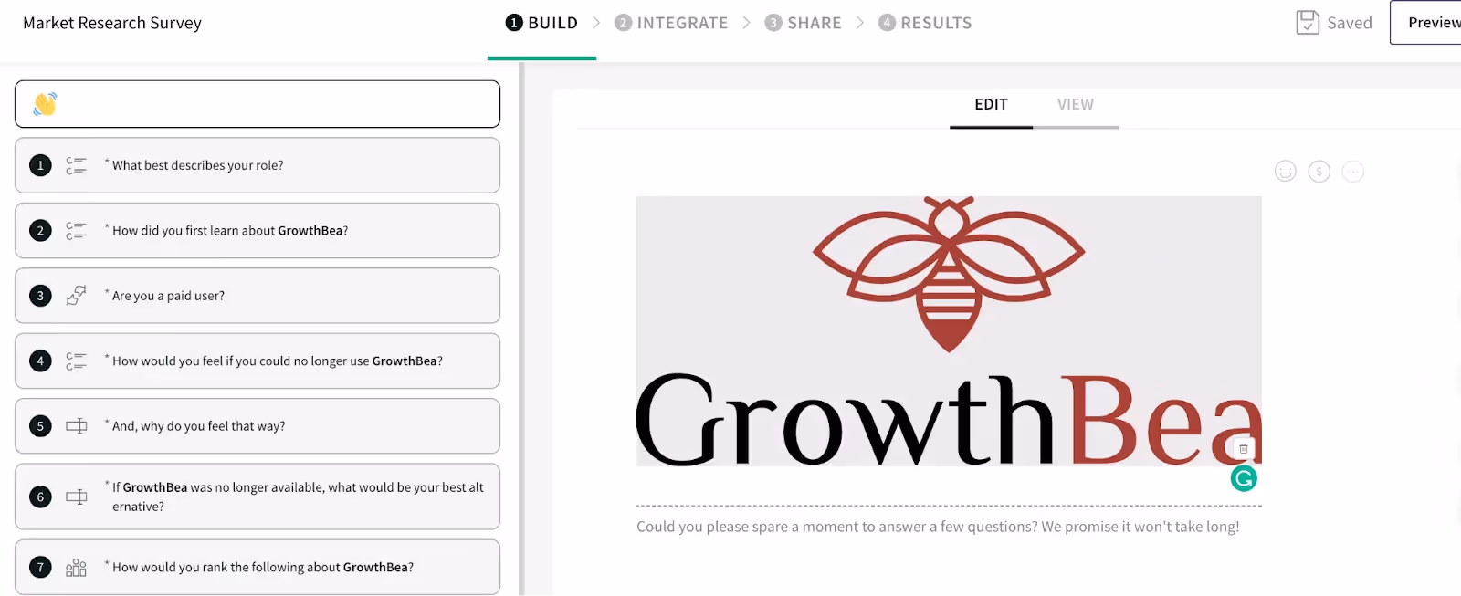 Example market research survey builder in SurveySparrow.