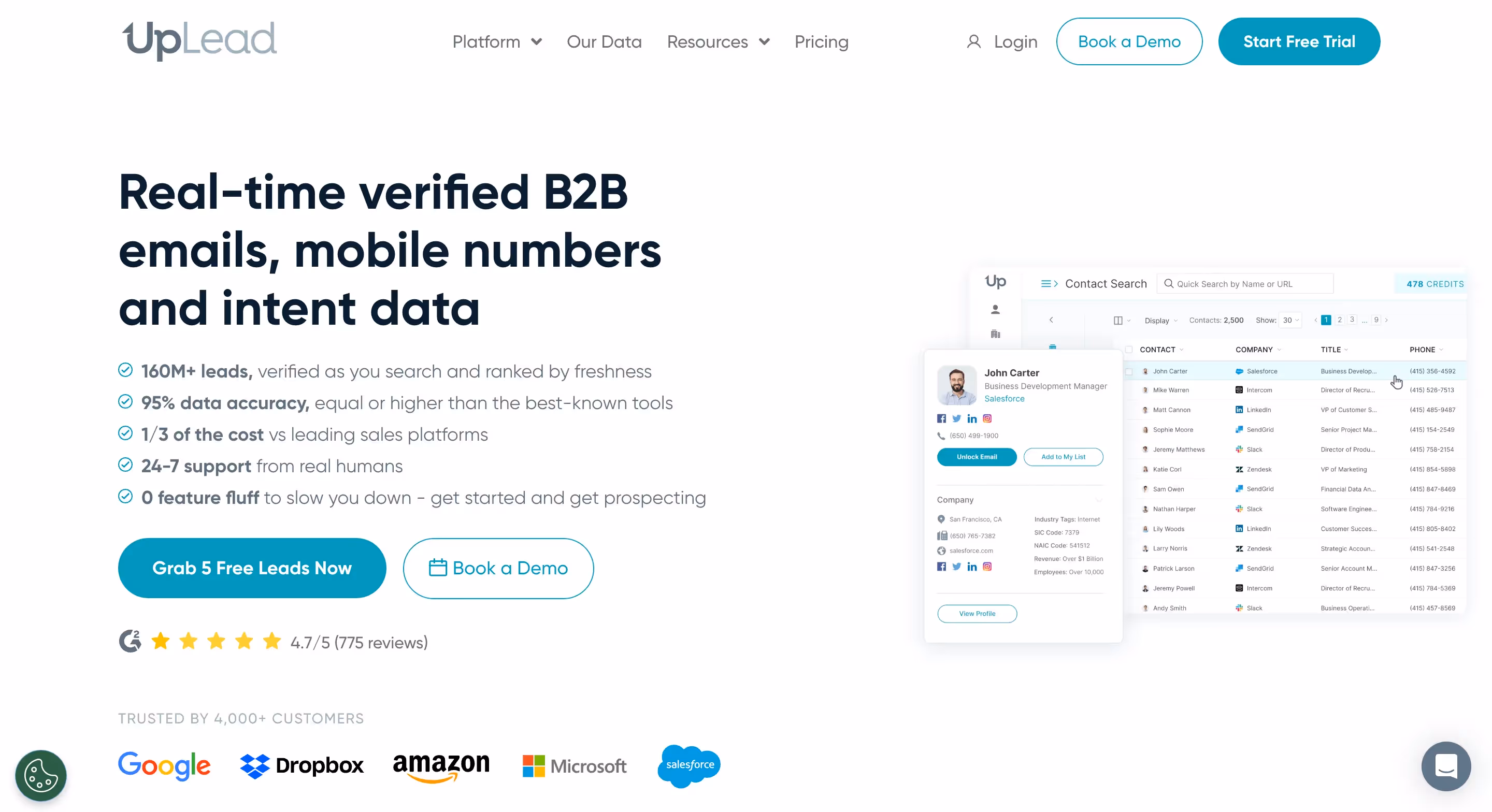 UpLead is a B2B lead generation platform that provides access to over 160 million verified business contacts.