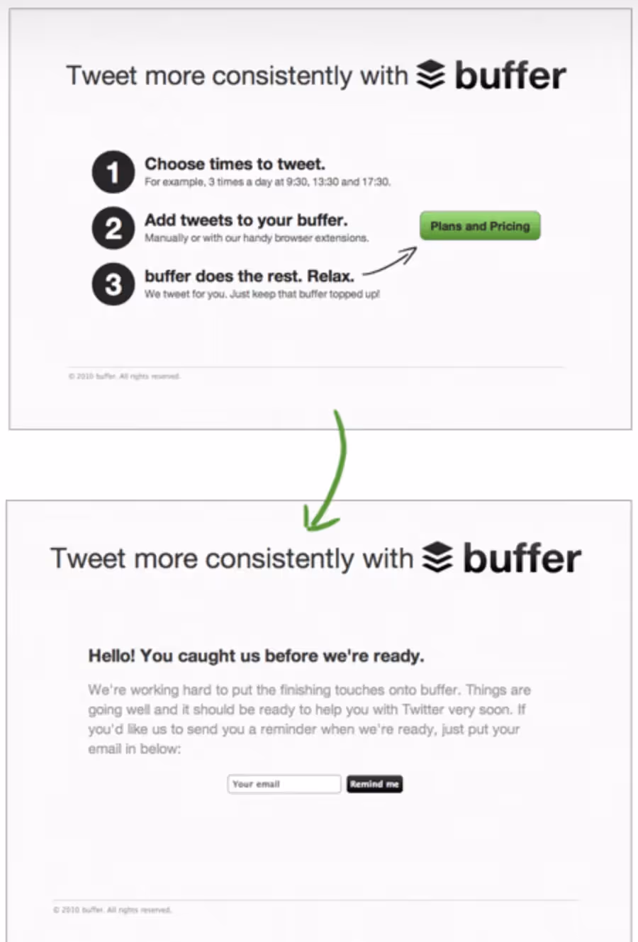 Buffer's landing page verifying a new tweet feature idea.