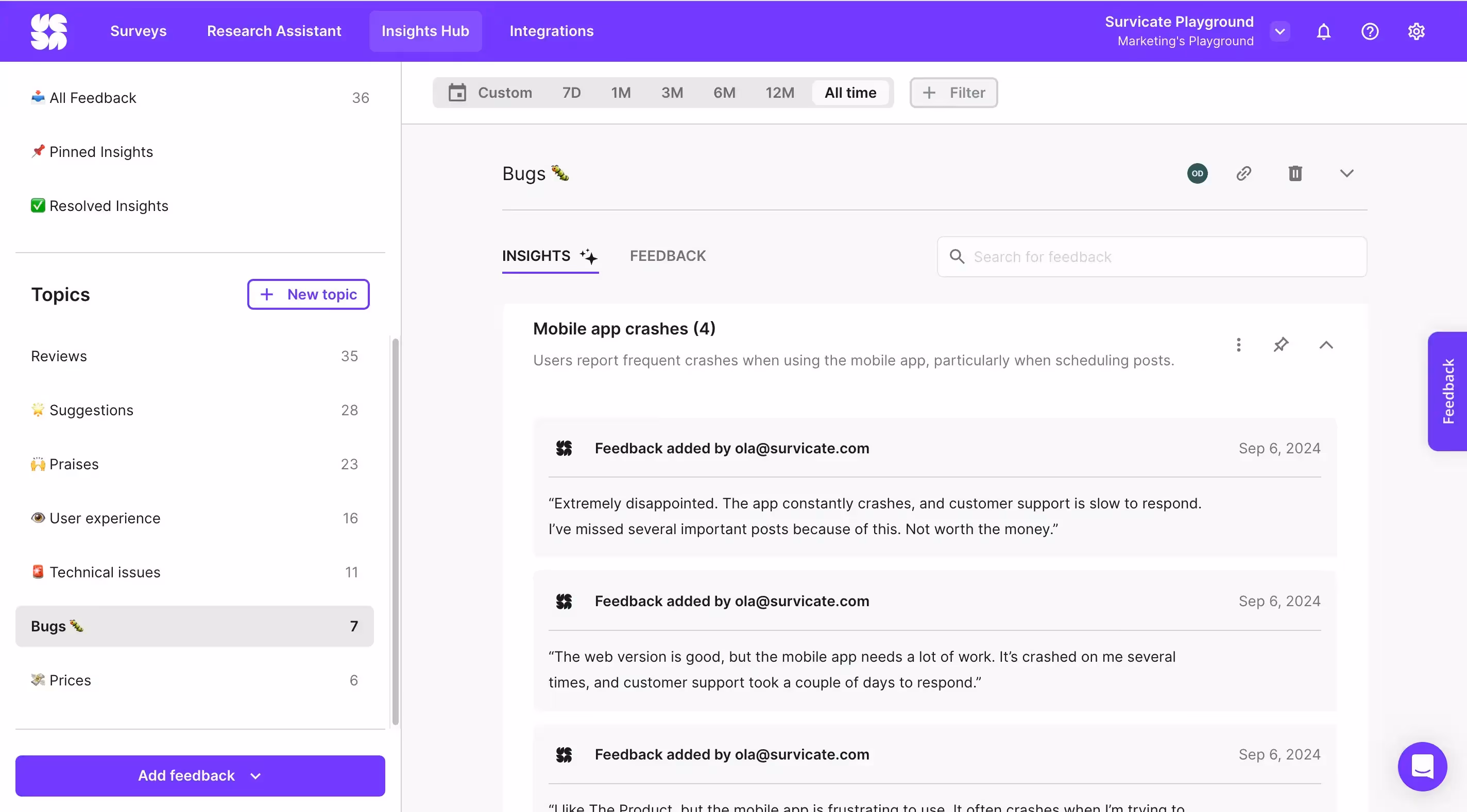 Survicate's Insights Hub for AI feedback categorization, sentiment analysis, and more.