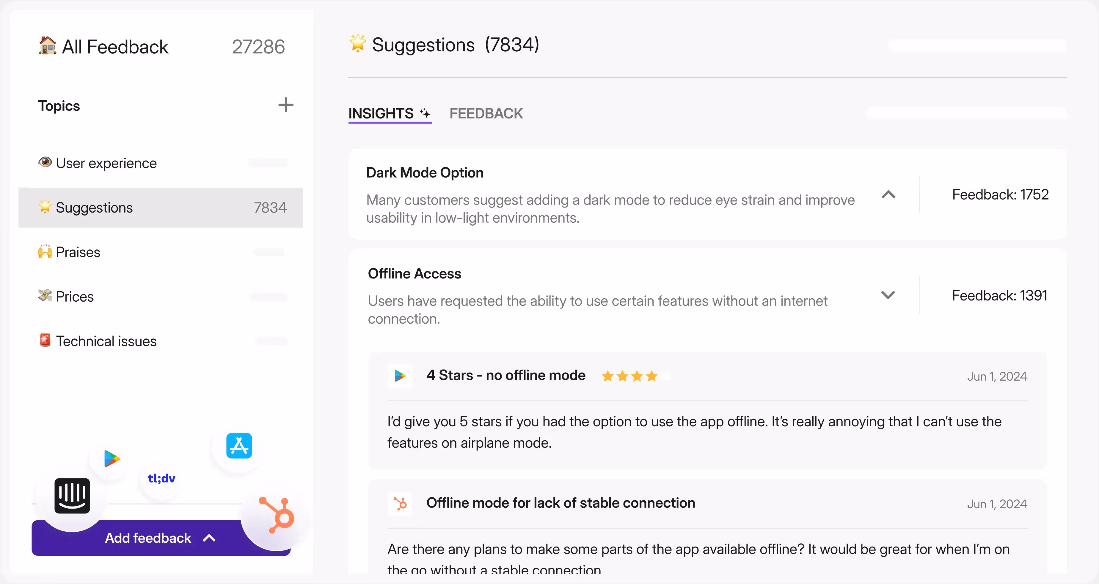 Survicate's AI Insights Hub for automated feedback categorization and insights extraction across sources