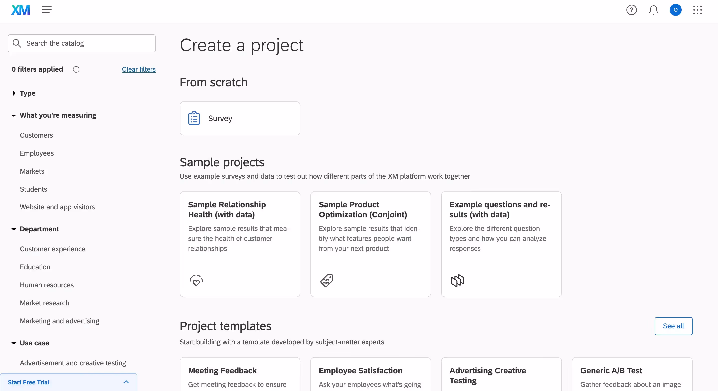 View of creating a new survey project in Qualtrics