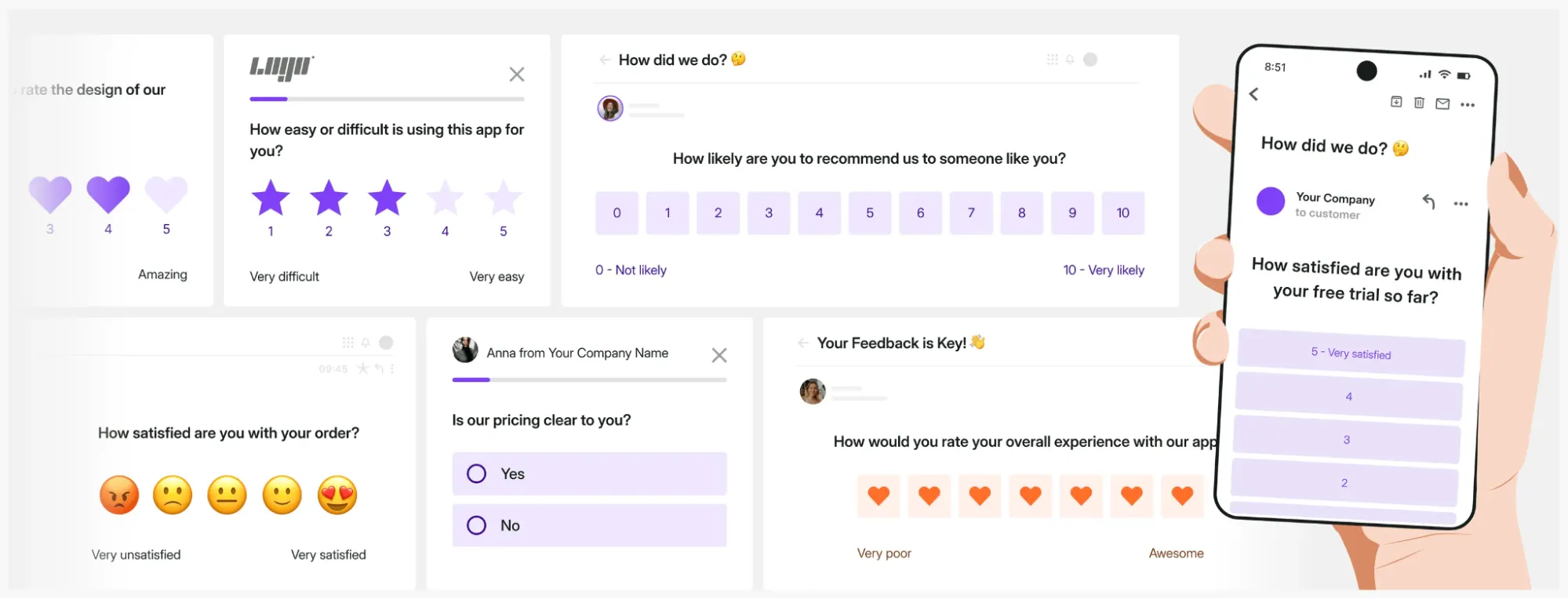 A collage of various feedback forms and surveys, including star ratings and NPS, showcasing a customer experience tool from Survicate. A phone displays a satisfaction survey.