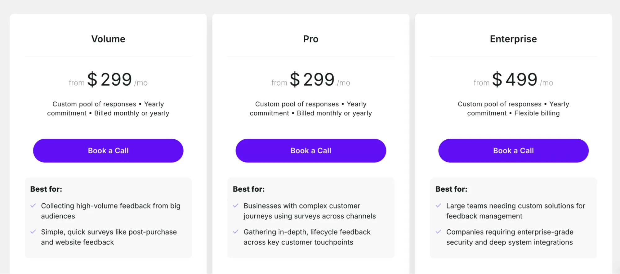 Pricing plans for Survicate: Volume, Pro, and Enterprise, showing features and costs from $299/month.