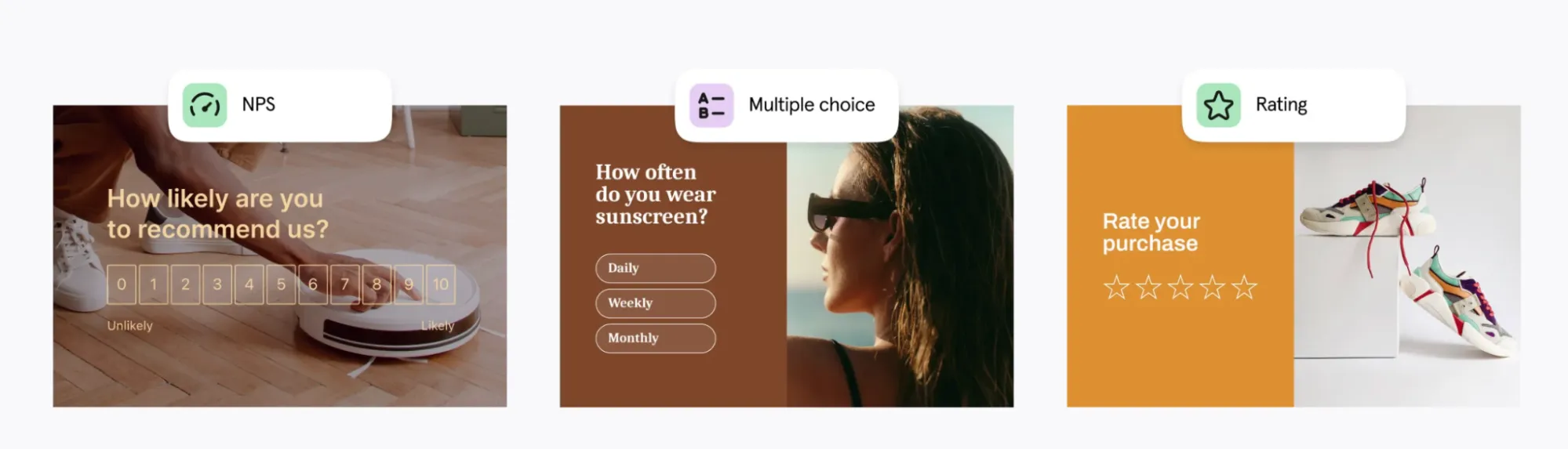 Examples of surveys from Typeform: NPS, multiple choice, and rating surveys for customer feedback.