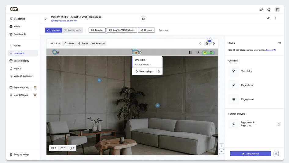 A heatmap from hotjar showing 500 clicks on a website's homepage, analyzing user interaction.