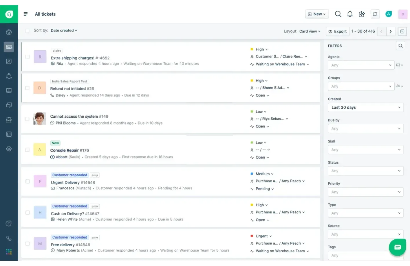A freshworks dashboard displaying a list of customer support tickets with various statuses and filters on the right.