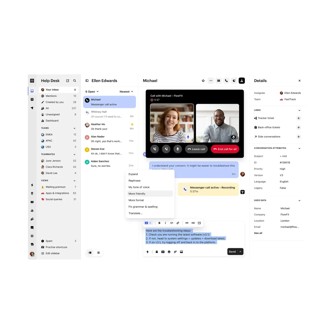 Intercom interface displaying a video call, customer chat history, and troubleshooting steps for support.